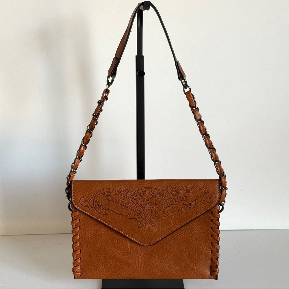 Brown Faux Leather Shoulder Bag Western-style Embossed Floral Purse